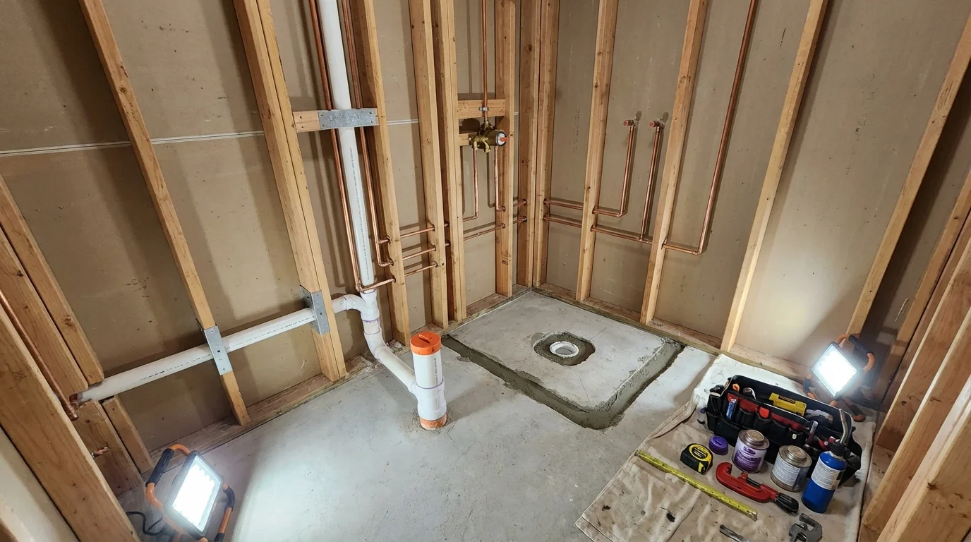 Bathroom rough-in plumbing during remodel by Johns Plumbing LLC in Bryant